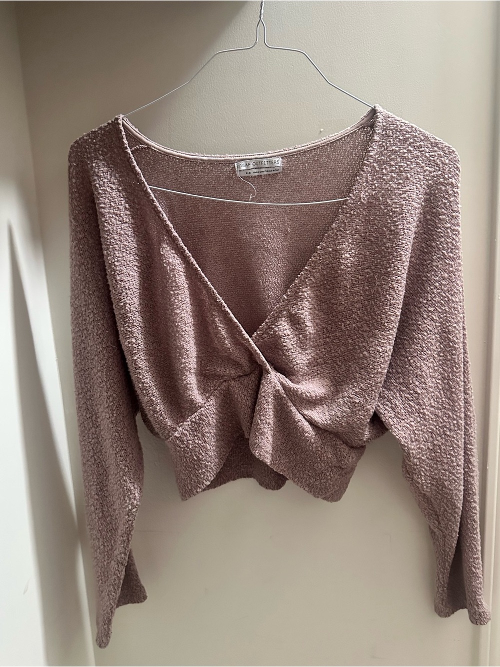 Urban Outfitters BDG Dusty Rose Bouclé Twist Front Cropped Sweater